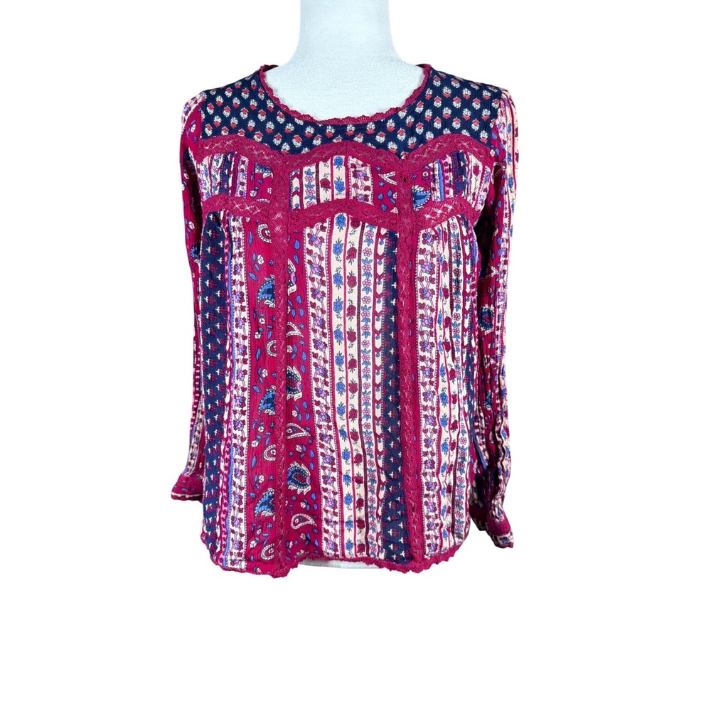 Maeve Anthropologie Mixed Print Boho Blouse Red Navy Paisley Button Back Size 10